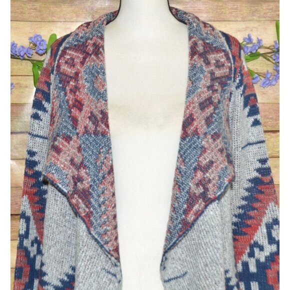 RD Style Ladies Gray Open Front Cardigan Sweater Size L Southwest Aztec Warm - Picture 4 of 13